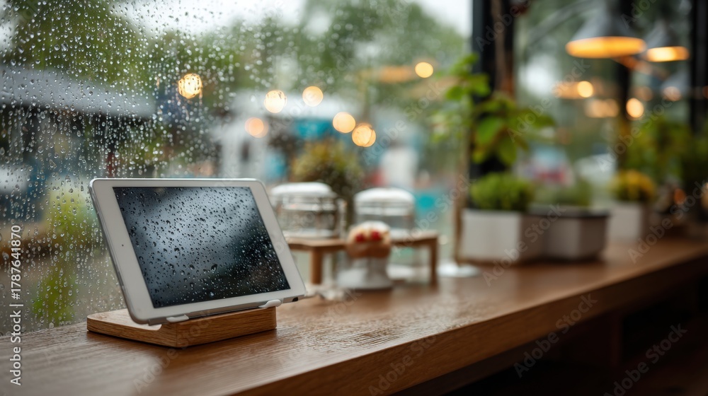 Fototapeta premium Tablet with blank screen on stand by rainy cafe window with electric car outside