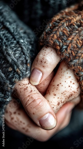 A close-up shot shows two hands, one wearing a grey knitted sleeve and the other a brown and grey knitted fingerless glove, with dirt smudges on the skin.