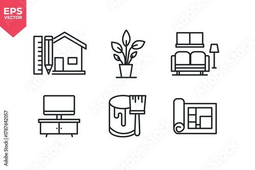 Set of line icons related to repair,  living room, TV bench, paint brush, blue print. Editable stroke. Vector illustration