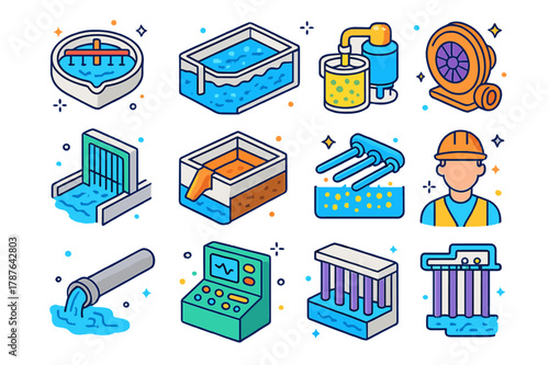Isometric Wastewater Plant Icons. Wastewater treatment plant. Colorful isometric vector icons set of Wastewater treatment plant: primary clarifier, aeration