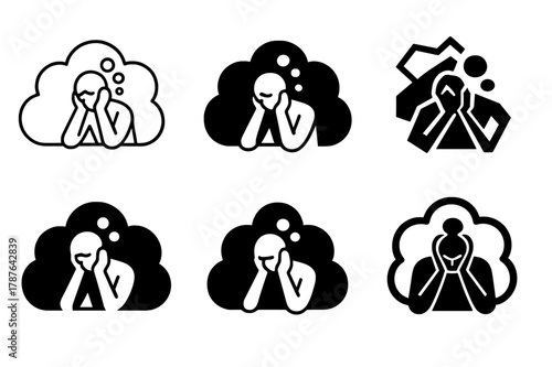 Restless Thoughts Logos. restless figure surrounded by floating thoughts. Set Logo of restless figure surrounded by floating thoughts: Cloud. harmonious logo