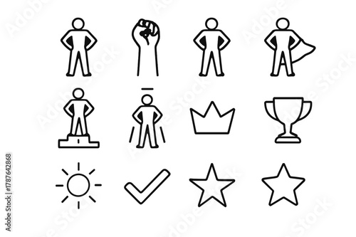 Power Pose Icons. Power pose. Line icon set of power pose: person standing tall, arms on hips, raised fist, confident stance, superhero silhouette, podium,