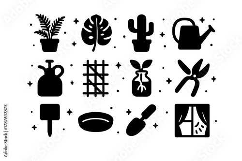 Window Plant Icons. Window Light and Plants. Solid icons set of Window Light and Plants: potted fern, monstera leaf, cactus, watering can, mister spray,