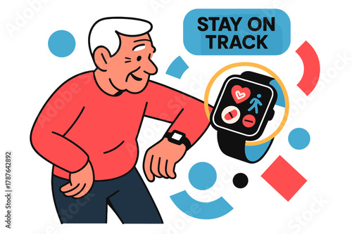 Smartwatch Health Check. Old age ? Smartwatch health check. Wrist tilt reveals tidy icons ? heart rate, steps, meds reminder; gentle rings glow. Tag ?STAY ON
