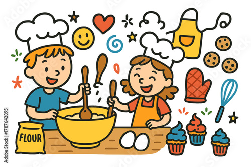 Joyful Cooking Doodles. Cooking together. Colorful Hand-drawn doodle Children illustration Cooking together chef hats, mixing bowl, spoon, cookies, apron, oven