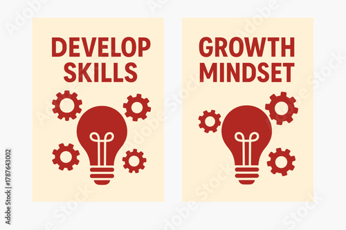 Skills and Growth Banners. Develop skills. Two vertical A6 banners with safe margins, centered composition, no elements touching edges, flat vector design, red