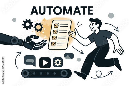 Automation in Motion. AI-powered automation. Robotic hands pass a glowing checklist to a human; gears become sparks that form stars. ?Automate? hovers above a