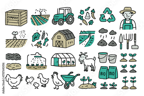 Sustainable Farming Doodle. Agricultural waste reduction. Hand-drawn doodle illustration compost bin (colored), farm field (colored), crop residues (colored),