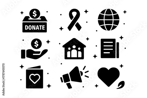 Charity Icon Set. Charity and Support Foundations. Solid icons set of Charity and Support Foundations: donation box, coin hand, charity ribbon,