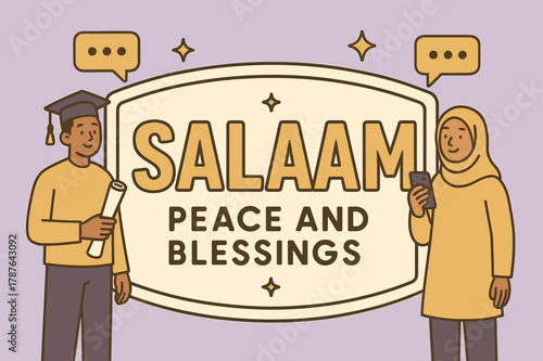 Peaceful Graduation Celebration. Peace and Blessings (Salaam) banner, flat vector illustration, bold oversized text inside sticker outline, cartoon characters