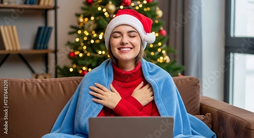Joyful Woman in Santa Hat Relaxing with Laptop by Christmas Tree – Cozy Holiday Home Scene