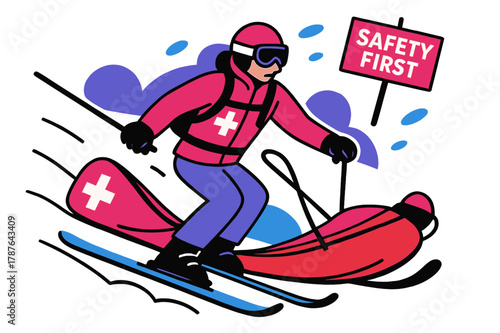 Ski Rescue Mission. Ski Patrol In Action. A rescuer carves with a sled, red cross emblem gleaming; urgency meets calm precision. ?Safety First? hangs in the