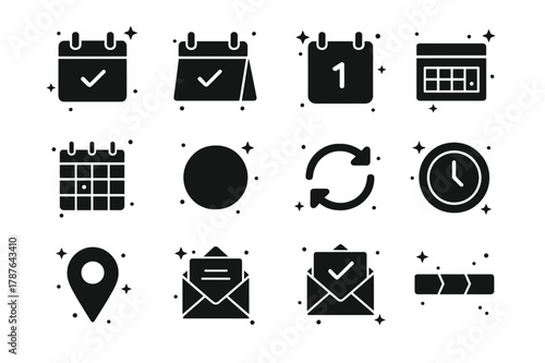 Calendar Icon Set. Calendar and Scheduling. Solid icons set of Calendar and Scheduling: wall calendar, desk calendar, date tile, weekly planner, monthly grid,