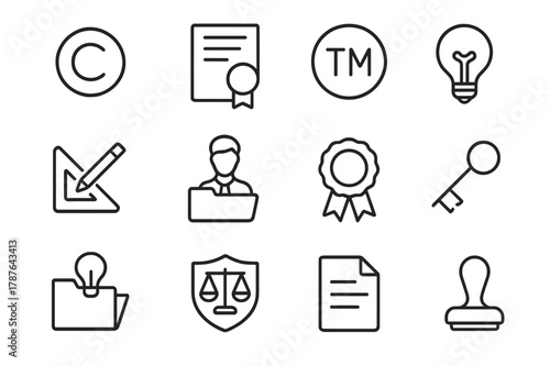 Intellectual Property Icons. Intellectual Property Law. Line icon set of Intellectual Property Law: copyright symbol, patent document, trademark badge, idea