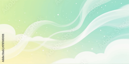 Abstract wave pattern design vector illustration on a light blue sky backdrop with clouds and the summer sun