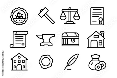Guild Merchant Icons. Guilds and merchants. Line icon set of guilds and merchants: merchant seal, hammer, scale, contract, scroll, anvil, chest, workshop,