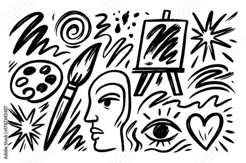 Expressionist Doodle Icons. Wild brush strokes (expressionism). Hand-drawn doodle illustration wild brush strokes (expressionism) paintbrush, palette, canvas,