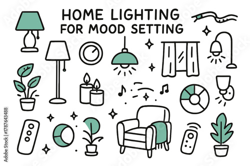 Mood Lighting Icons. Home lighting for mood setting. Hand-drawn doodle illustration home lighting for mood setting [table lamp (accented), floor lamp
