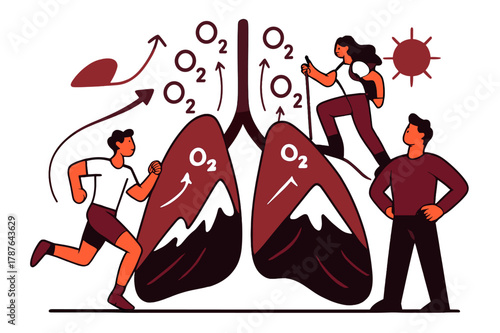 Mountain Lungs. High-altitude adaptation. Human lungs stylized as mountain shapes, with oxygen symbols flowing upward. Calm strength in thin air. Modern flat