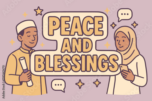 Peace and Blessings. Peace and Blessings (Salaam) banner, flat vector illustration, bold oversized text inside sticker outline, cartoon characters gently