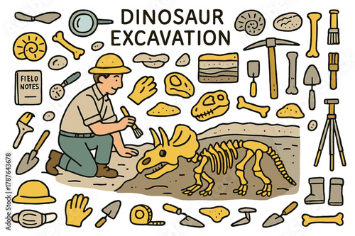 Dinosaur Digging Doodles. Dinosaur excavation. Hand-drawn doodle illustration paleontologist (colored), dinosaur skeleton (colored), fossils (colored),