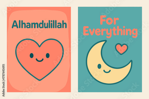 Grateful Kawaii Banners. Gratitude. Two vertical A6 banners with safe margins, centered composition, no elements touching edges, kawaii, coral and teal, heart,