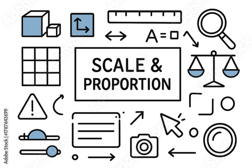 Scale Proportion Doodle Icons. Scale and proportion. Hand-drawn doodle illustration scale and proportion large and small boxes (accented), size ratio icon