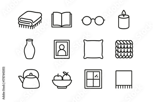 At Home Icons. At Home Details. Line icon set of At Home Details: soft blanket, book, glasses, candle, ceramic vase, framed photo, cushion, knit texture,