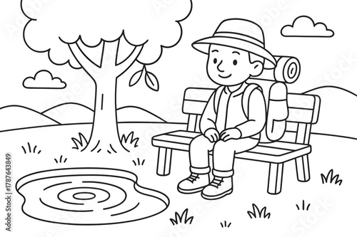 Traveler's Calm Reflection. Peaceful reflection stop children?s coloring book illustration, outlined drawing, a traveler sitting calmly on a bench under a tree