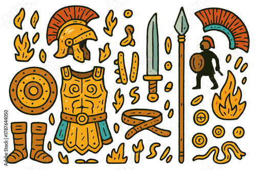 Colorful Ancient Armor. Ancient armor. Colorful Hand-drawn doodle Children illustration Ancient armor bronze helmet, chest plate, round shield, sword, belt,