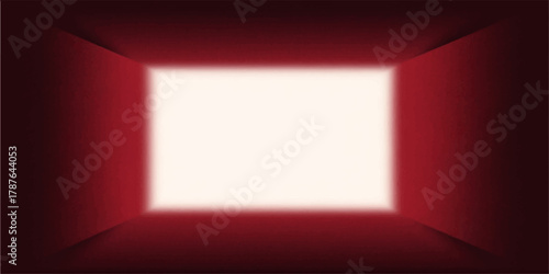 Empty red room interior with red curtains, light on the wall, floor, and a small window, designed as a blank gallery space