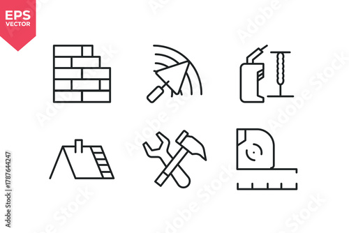 Set of line icons related to roof, brick wall, tool kit, tape measure, drill. Editable stroke. Vector illustration
