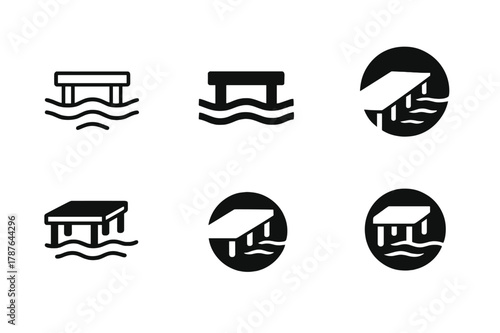 Lakeside Logo Variations. Lakeside. Set Logo of Lakeside: Wooden pier into water. Icon set. harmonious logo variations of the same emblematic concept, each