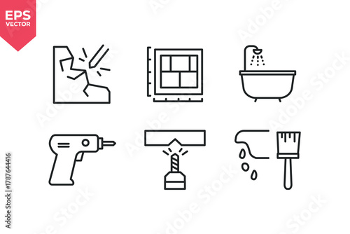 Set of line icons related to  carpenter work, drill, paint brush, bathtub, floor plant. Editable stroke. Vector illustration
