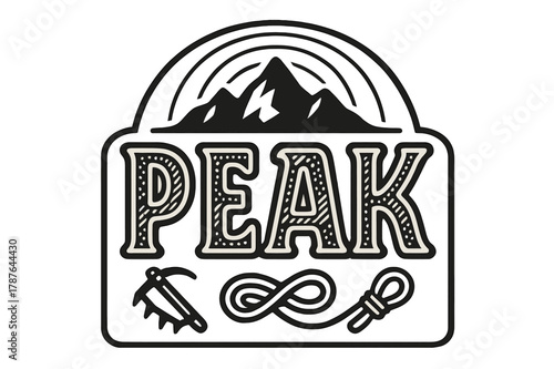 Peak Icon Lettering. Peak Icon ? Decorative Display Lettering; playful stylized glyphs with dot/stripe rock textures inside; arched word-shape within a slim