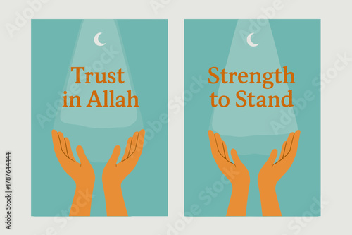 Trust in Allah Banners. Trust in Allah. Two vertical A6 banners with safe margins, centered composition, no elements touching edges, minimal, turquoise and
