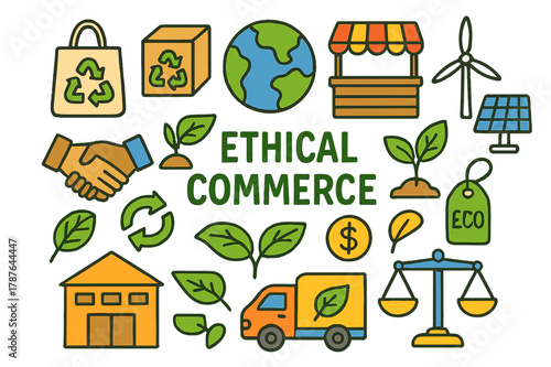 Ethical Commerce Doodles. ethical commerce. Colorful Hand-drawn doodle Children illustration ethical commerce globe, shopping bag, recycled box, plant,
