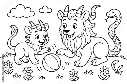 Chimera Playtime Fun. Mythical creature family children?s coloring book illustration, outlined drawing, a chimera parent and a baby chimera playing with a