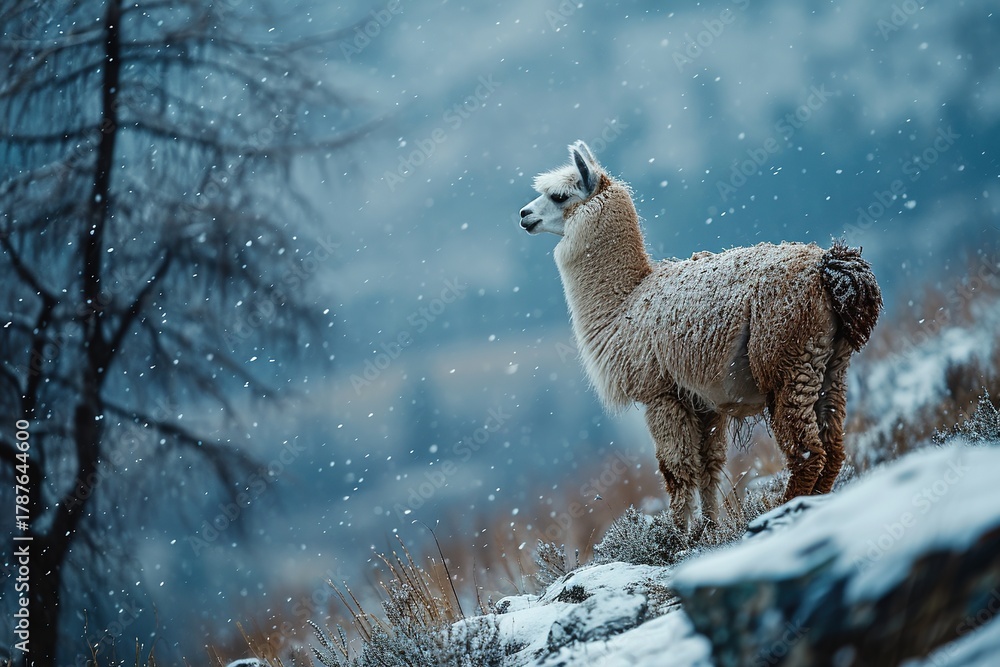 Obraz premium white llama standing on snowy hill. scene peaceful and serene, with snow covering ground and llama standing alone