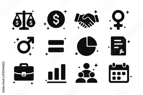 Equal Pay Icons. Equal Pay. Solid icons set of Equal Pay: balance scale, dollar coin, handshake, female symbol, male symbol, equality sign, pie chart, contract