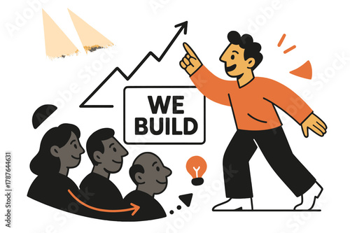 Dynamic Pitch Scene. Entrepreneur & pitch. A founder gestures to a rising graph as spotlights bloom; ?We build? runs across a card. Investors? icons nod along