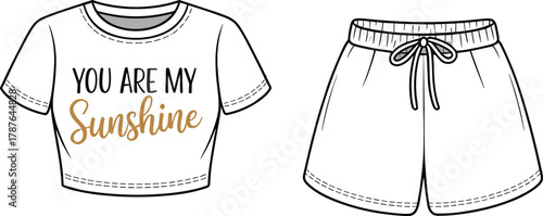 Crop t-shirt and sunflower shorts vector, casual summer outfit illustration, fashion flat sketch, stylish clothing design, apparel template, lounge wear