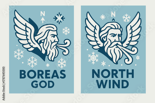 Boreas, North Wind Monarch. North Wind Monarch. Two vertical A6 banners with safe margins, centered composition, no elements touching edges, flat vector