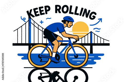 Cyclist Bridge Dynamics. Cyclist on a bridge. Wheels carve twin halos as the sun sits low behind cables; ?Keep rolling? floats on the breeze. Water below