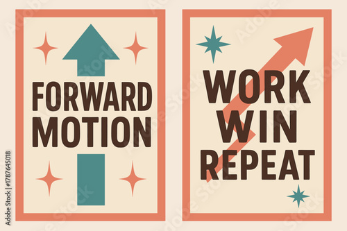 Retro Motivational Banners. Forward motion. Two vertical A6 banners with safe margins, centered composition, no elements touching edges, retro, pink and teal,
