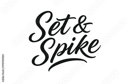 Script Volleyball Dynamics. . Set & Spike ? Script Hand-Lettering: fluid brush semi-cursive with smooth thick?thin contrast and gentle slant; softly arched