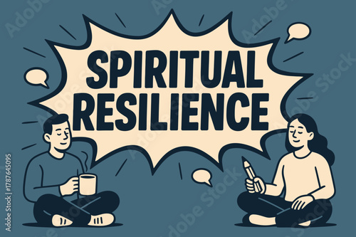Spiritual Resilience Banner. Spiritual Resilience banner, flat vector illustration, bold oversized text inside comic burst, cartoon characters sitting calmly