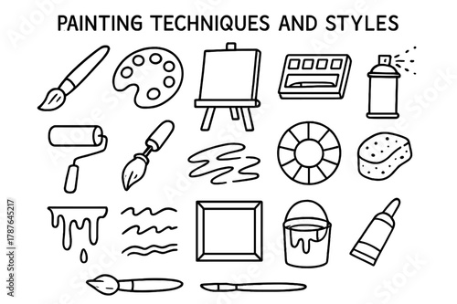 Art Tools Icons. Painting techniques and styles. Hand-drawn doodle illustration painting techniques and styles paintbrush, palette, easel, canvas, watercolor
