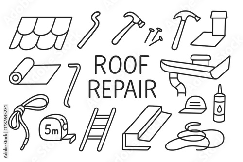 Roof Repair Tools Doodle. Roof repair. Hand-drawn doodle illustration roof repair shingles, roofing nails, hammer, pry bar, underlayment roll, flashing,