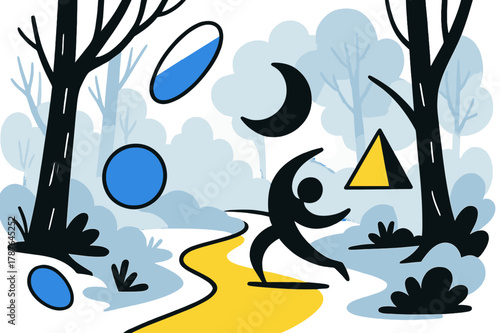 Misty Geometric Forest. Silent Forest. Misty forest path with floating abstract geometric shapes and soft light accents, contemplative and calm atmosphere.